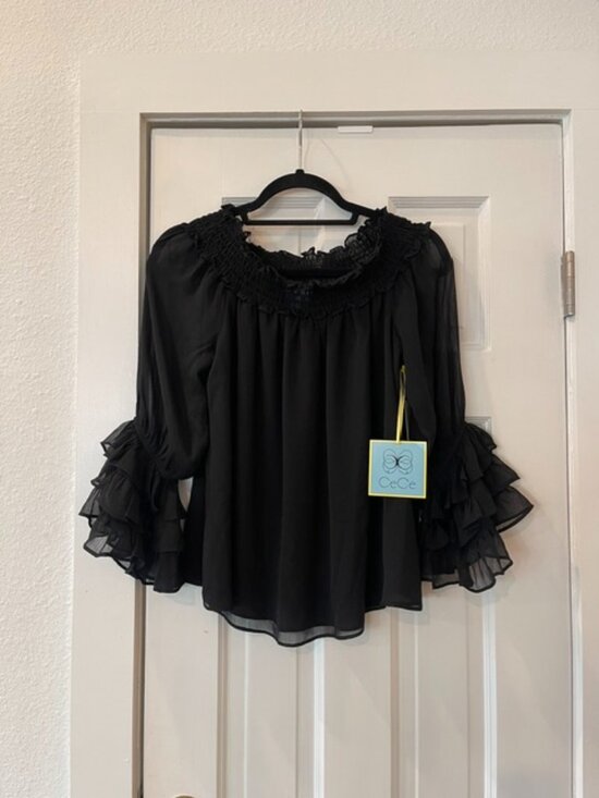 CeCe Tops - CeCe Black Smocked Off the Shoulder Tiered Ruffle Bell Sleeve Blouse S NWT